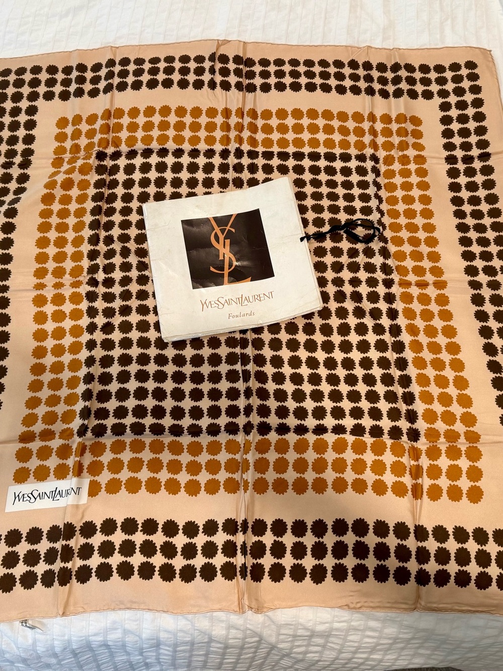 Vintage Yves Saint Laurent Beige 100%Silk Scarf with Original Packaging